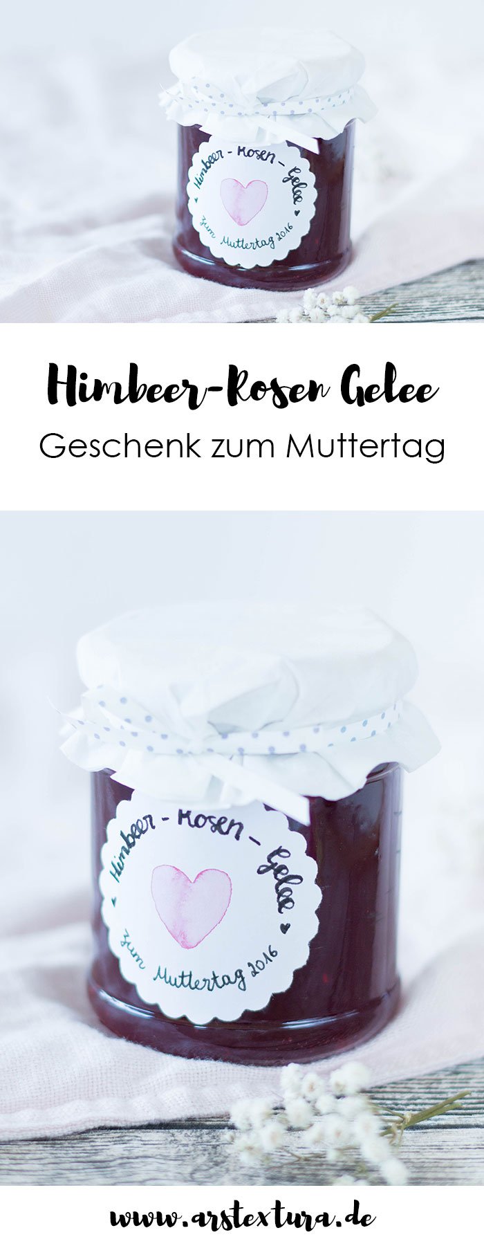 DIY Geschenk zum Muttertag: Himbeere-Rosenwasser-Rosen Gelee ist ein tolles DIY Geschenk aus der Küche über das sich deine Mutter sicher freut. Die leckere Himbeere-Rosenwasser-Marmelade wird mit einem Schuss Rosenwasser verfeinert und bekommt so ihr einzigartiges Aroma. | ars textura - DIY Blog