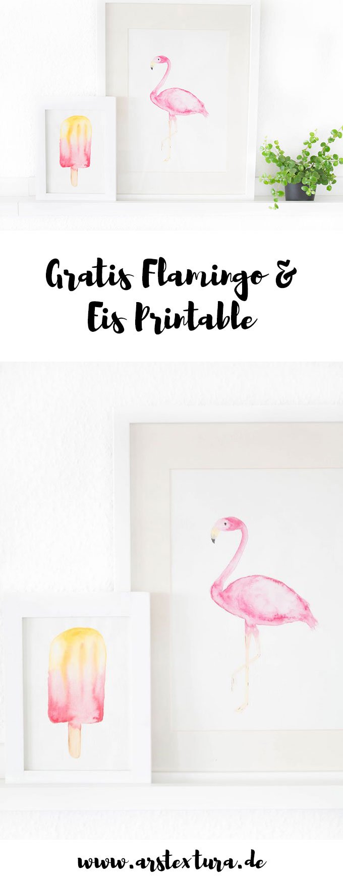 Gratis Flamingo und Eis Printable in Aquarell Malerei zum download