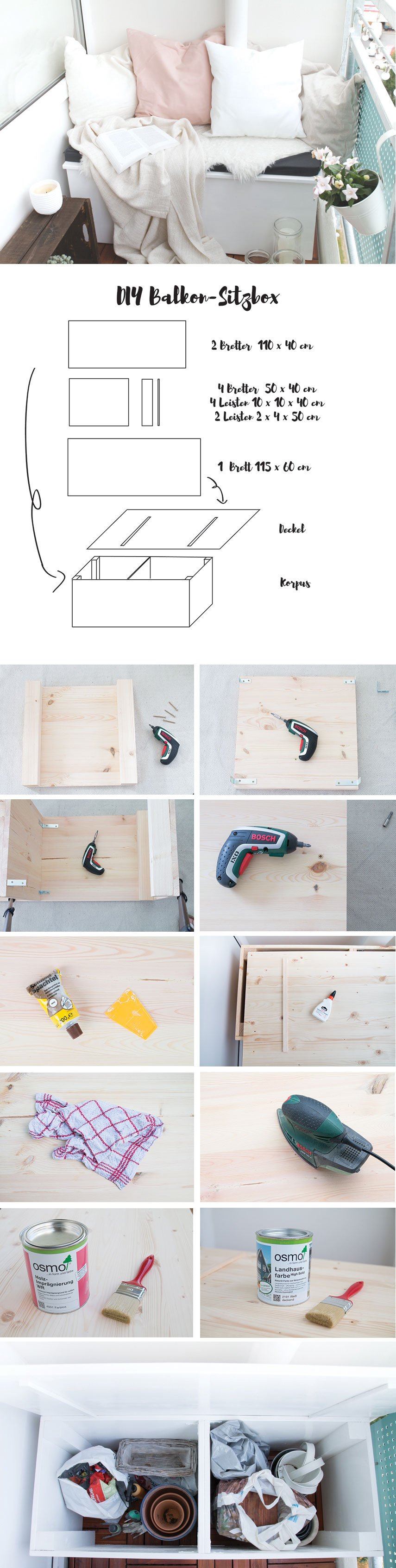 Anleitung für eine DIY Sitzbox für den Balkon - die beste Möglichkeit Platz zu schaffen und Stauraum für den Balkon zu schaffen